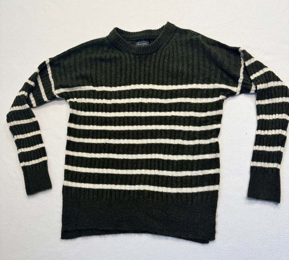 Abercrombie & Fitch Women XS Green Cream Striped Ribbed Crewneck Sweater Preppy
